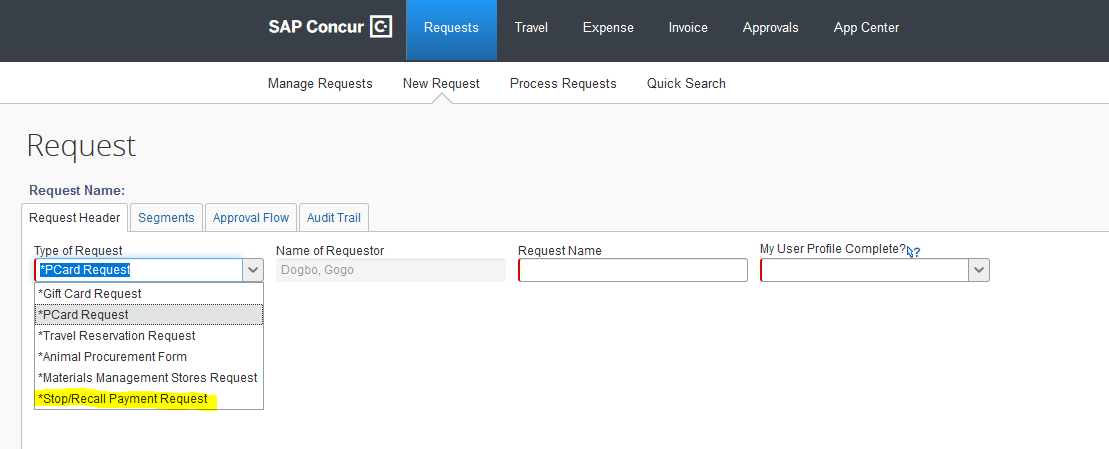 Request tab selection in iBuy+ Concur Portal